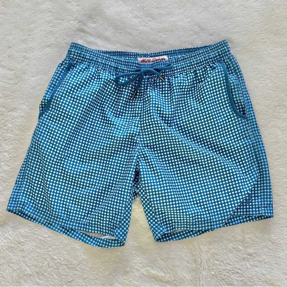 Mr. Swim Blue Gingham Print Swim Trunks Size Medium 6 Inch Inseam
